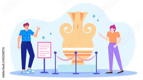 Two people admire a large ancient vase in a museum. Suitable for art galleries, history websites, and educational materials.