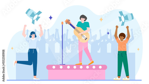 Singer performs on stage with guitar, surrounded by lively crowd, ideal for music event promotions, concert advertisements, and entertainment concepts.