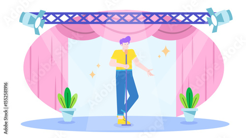 Man holds a microphone on stage with pink curtains. Suitable for performances, public speaking events, music or comedy shows.