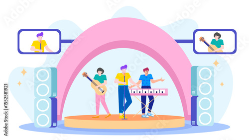 Band performs on a stage with online musicians. Suitable for concert promotion, music collaborations, virtual event advertising, and entertainment content.