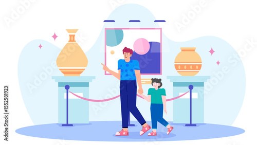 Father and daughter explore art and pottery in a museum. Perfect for museum promotions, family leisure activity, art education resources.