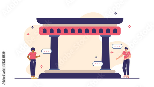 Two people talk by an ancient gate; ideal for historical or cultural concept designs, travel brochures, educational materials.