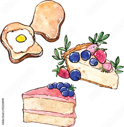 Whimsical Watercolor Illustration of Breakfast and Dessert Assortment Elements