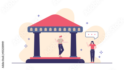 Two people near a stylized red roofed structure with columns perfect for illustrating conversations, architecture, and modern design concepts.