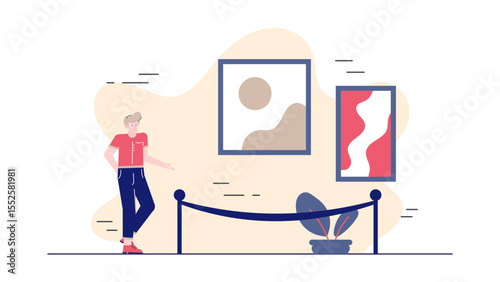 Man views abstract art in modern gallery, suitable for art blogs, interior design websites, museum advertisements, and art related social media posts.