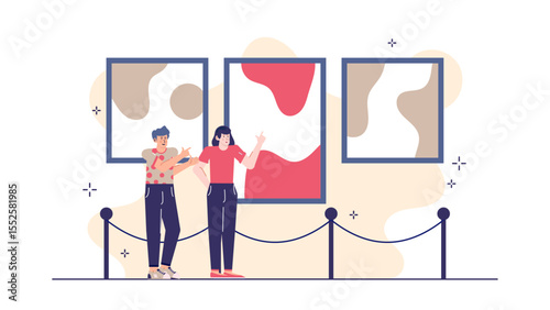 Two people in gallery admiring abstract art. Suitable for websites, brochures, articles on art culture, modern art appreciation.