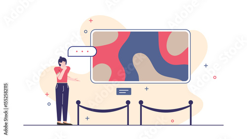 Woman viewing abstract art in gallery, suitable for websites, articles, blogs, social media posts, and marketing materials in art related industries.