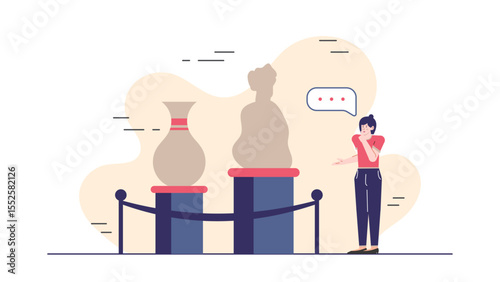 Woman exploring history at museum, admiring ancient pottery and sculpture. Suitable for art, history, culture, travel, and education content.