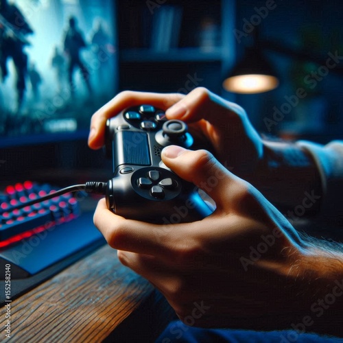 a gamer's hand gripping a joystick while playing on a computer