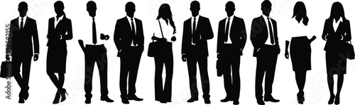 Silhouette business professionals standing in line, team of men and women in formal attire, corporate teamwork, office staff, success, leadership, unity, diversity