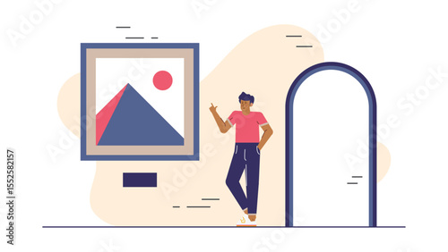 Man gesturing towards abstract artwork by arched doorway. Suitable for art gallery promotions, interior design blog posts, and creative presentations.