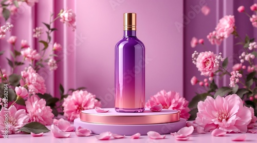 Luxury perfume bottle on display with pink flowers and petals for beauty product advertisement design