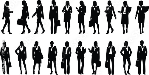 Silhouette collection of professional businesswoman, standing, walking, holding handbag, using phone, reading files, confident pose, modern career female, formal suit attire, teamwork