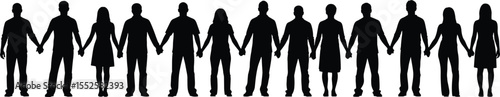 Silhouette group of people holding hands in unity, standing together in line, teamwork concept, human connection, community, diversity, solidarity, cooperation, support, strength