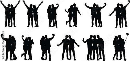 Silhouettes of friends and couples taking selfies, celebrating together, joyful moments, group photos, smartphone camera, modern lifestyle, friendship, fun poses, social connection, youth culture