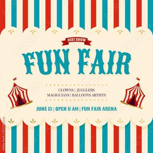 Fun fair flyer with vintage circus tents and playful typography. Template for kid friendly event promos. Vector illustration