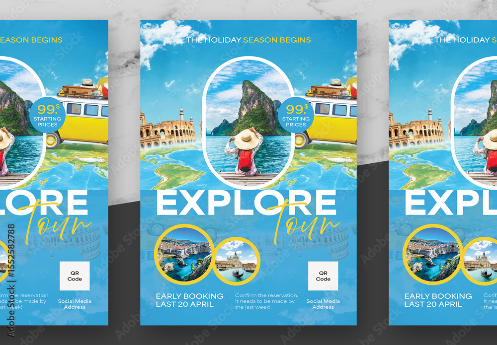 Blue And Yellow Travel Flyer Stock Template | Adobe Stock