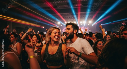 Diverse group of people enjoying a lively social gathering with energetic movements and dynamic stage lighting creating a vibrant and celebratory atmosphere at an entertainment venue or event