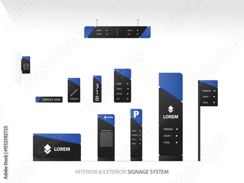 Wayfinding system signage mockup set Direction signs Exterior and interior way finding design.