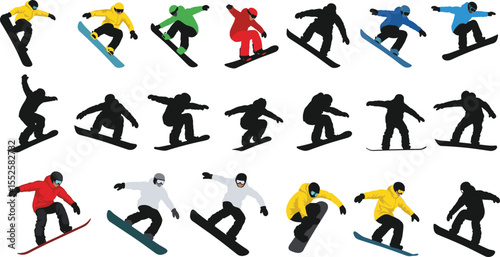 Snowboarders in action, colorful winter sports silhouettes performing tricks, jumps, and stunts, isolated extreme sport poses for snowboarding, adrenaline, competition, motion graphics, or design