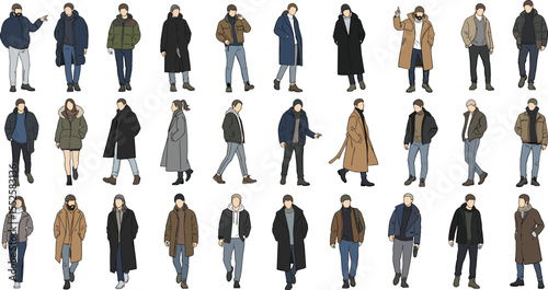 Stylish young men and women in winter fashion outfits, standing casual poses, modern streetwear, seasonal clothing collection, warm jackets, cold weather apparel illustration