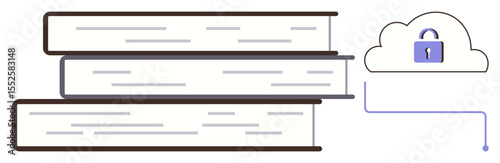 Stacked books connected to a cloud with a lock representing data security, knowledge storage, and accessibility. Ideal for education, technology, digital libraries, cloud systems, data safety