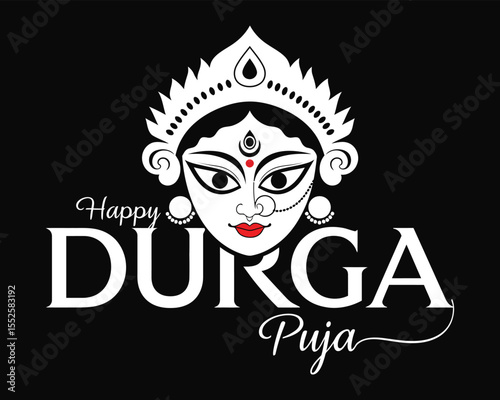 Durga Puja vector illustration with goddess face, crown and festive greeting design .