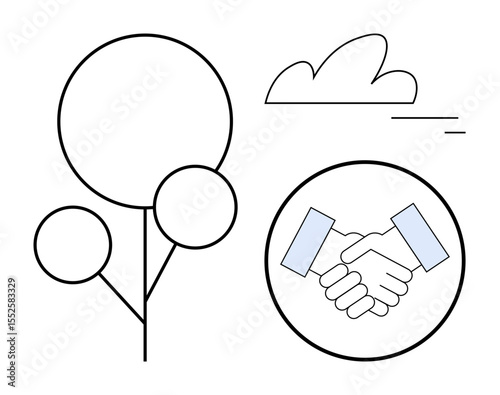 Two hands shaking in agreement inside a circle, abstract tree with circular leaves, and a cloud above. Ideal for partnership, teamwork, sustainability, cooperation, trust, growth simple landing page