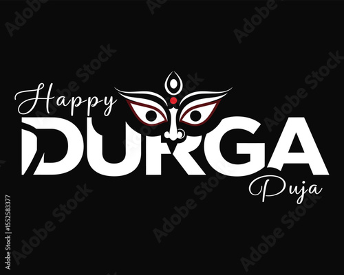 Happy Durga Puja Typography Vector with Goddess Durga Eyes Illustration on Black Background .