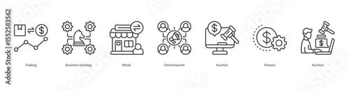 Commerce Strategy banner web icon set vector illustration concept with icon of Trading, Business Strategy, Retail, Omnichannel, Auction, Process, Auction