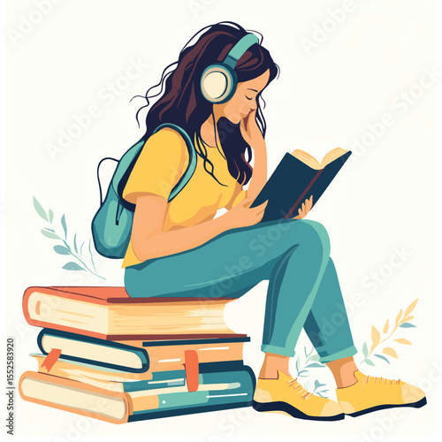 Woman sitting on books listening to audiobook on flat design style with white background. Concept of digital reading. Vector illustration, vector style simple color