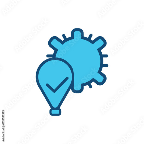 Flat style virus approved icon, showing medical check mark inside a location pin with virus symbol behind, perfect for covid-19, healthcare, disease control, virus detection, infection prevention