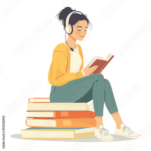 Woman sitting on books listening to audiobook on flat design style with white background. Concept of digital reading. Vector illustration, vector style simple color