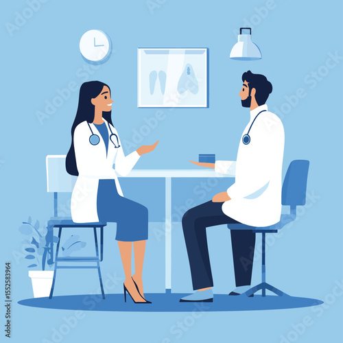 Doctor discussing with patient in clinic, flat style, on blue background. Concept of medical consultation. Vector illustration, vector style simple color