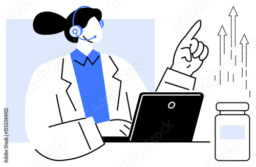 Person wearing a headset uses a laptop, gesturing toward growth arrows next to a medicine jar. Ideal for healthcare, telemedicine, progress, online consultation, innovation, guidance, simple flat