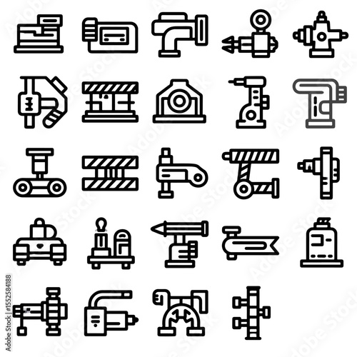 Engineering icon set vector depicts black line symbols of tools and machinery, suitable for industrial use, construction plans, and mechanical design.