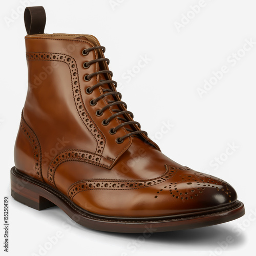 A high-quality product photograph of a luxury brown leather brogue boot against a white background.
