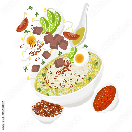 Vector Illustration Logo Clipart Levitation Soto Sapi or Soto Daging Sapi Indonesian Beef Soup