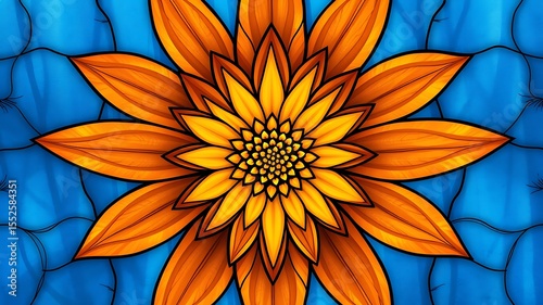 Vibrant floral design with warm orange and yellow petals on a bold blue background