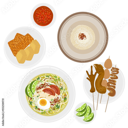 Vector Illustration Logo Clipart Soto Pisah or Soto Ayam with Separate Rice and Added Side Dish