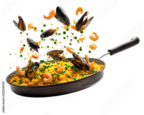Traditional Spanish seafood paella with shrimp mussels and saffron rice flying from black pan isolated on transparent background