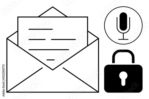 Open envelope with a letter, circular microphone icon, and closed padlock. Ideal for communication, security, privacy, email, messaging voice technology or data protection. Simple landing page