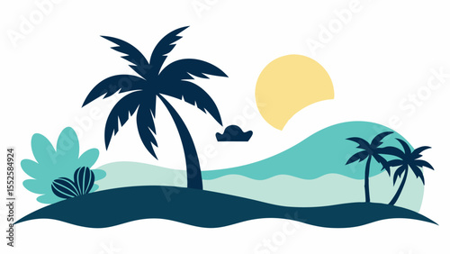 Flat Silhouette Beach Scene with Palm Trees