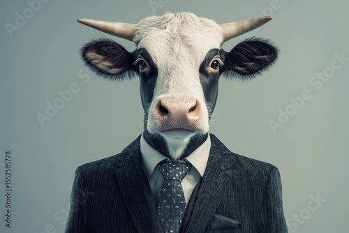 Cow Theme. Anthropomorphic Cow in Business Suit, Business Concept with AI Human Enhancement