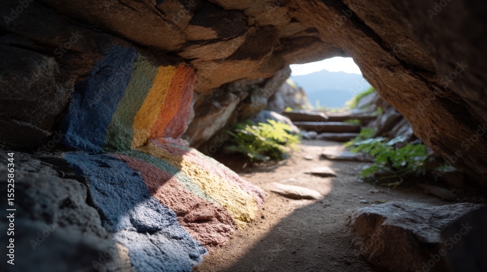 Obraz premium Inside a Rocky Cave with Colorful Walls and Bright Ray of Sunlight