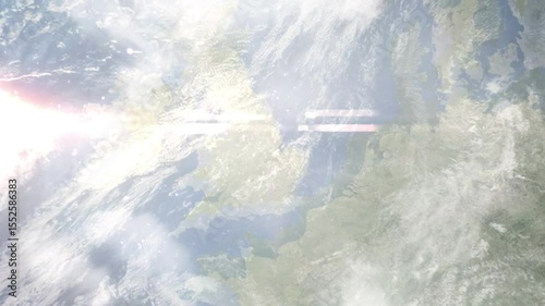 Earth zoom in from space and focus on Spalding, England, East Midlands, Great Britain. Background for travel intro or blog. Satellite view. 3D style Animation. Images from NASA.
