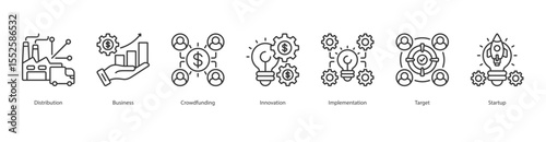 Startup Launch banner web icon set vector illustration concept with icon of Distribution, Business, Crowdfunding, Innovation, Implementation, Target, Startup