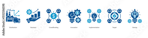 Startup Launch banner web icon set vector illustration concept with icon of Distribution, Business, Crowdfunding, Innovation, Implementation, Target, Startup