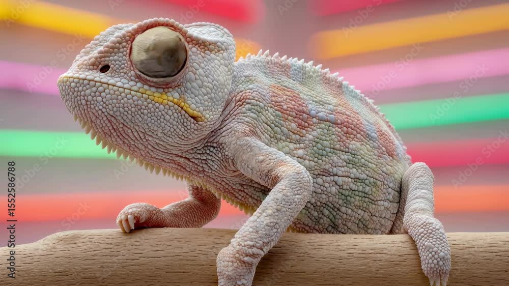 Colorful chameleon lizard, alert animal with large eye on pink branch. Curious reptile observing, skin shows vibrant green hints.