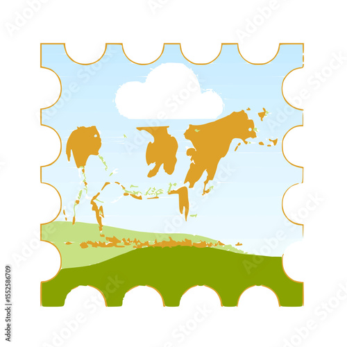 Domestic cow standing on green grass field with clear blue sky background,  traditional farm animal representing agriculture.
